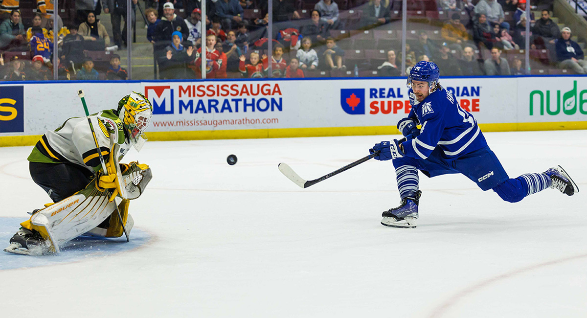 A hockey player on a breakaway